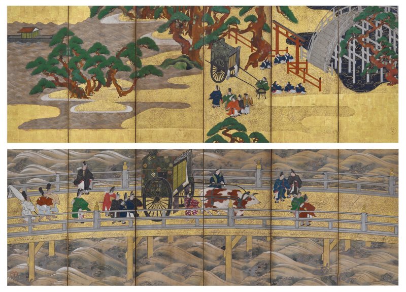 Anonymous, Chapters Fourteen and Sixteen from the Tale of Genji (Genji monogatari), Sealed I’nen, Edo period, 17th century |源氏物語図屏風　伊年印　江戸時代前期　17世紀中頃