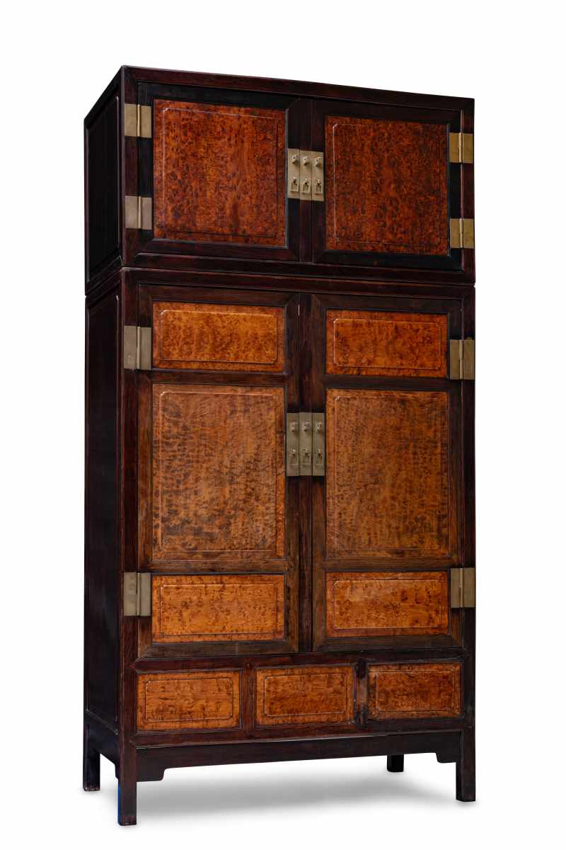 A pair of large hongmu and burl wood compound cabinets and hat chests - 图5
