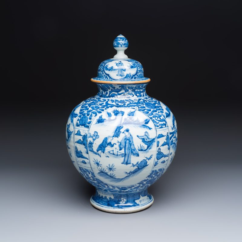 A Chinese blue and white baluster vase and cover with narrative design