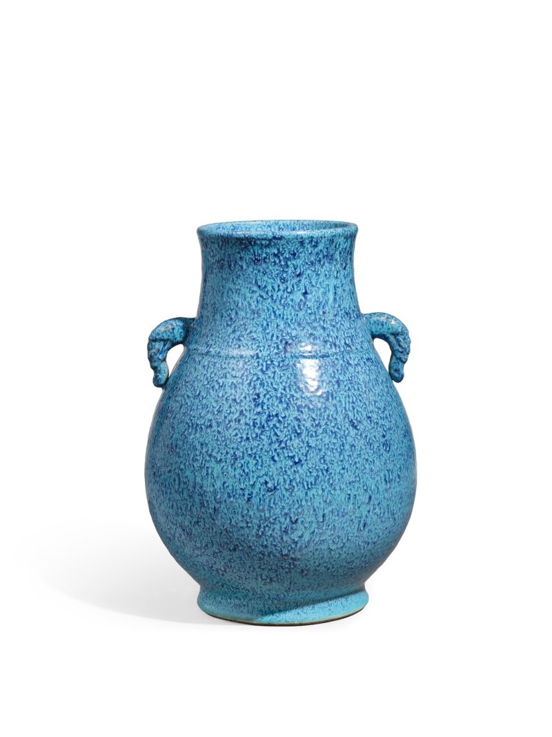 A fine robin’s-egg-glazed hu-form vase, Qing dynasty, 18th century | 清十八世紀　爐鈞釉獸耳壺