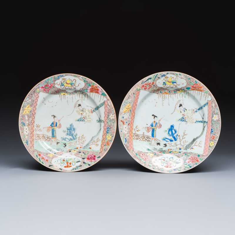 A pair of Chinese famille rose 'Xi Xiang Ji' plates