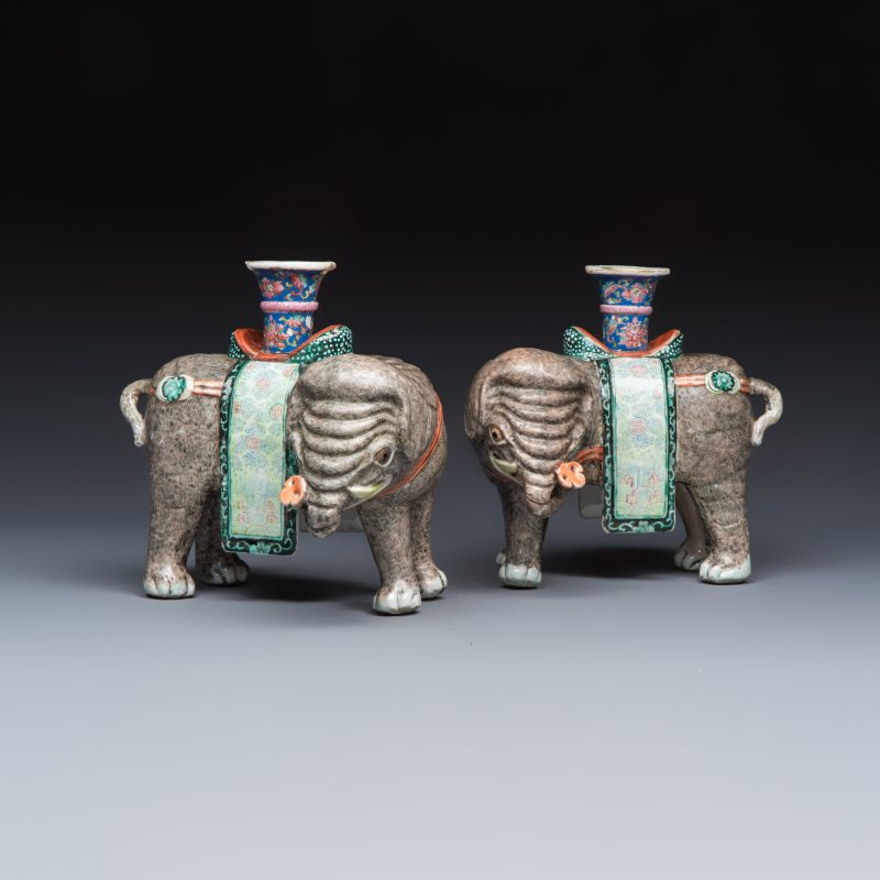 A pair of Chinese famille rose models of elephants