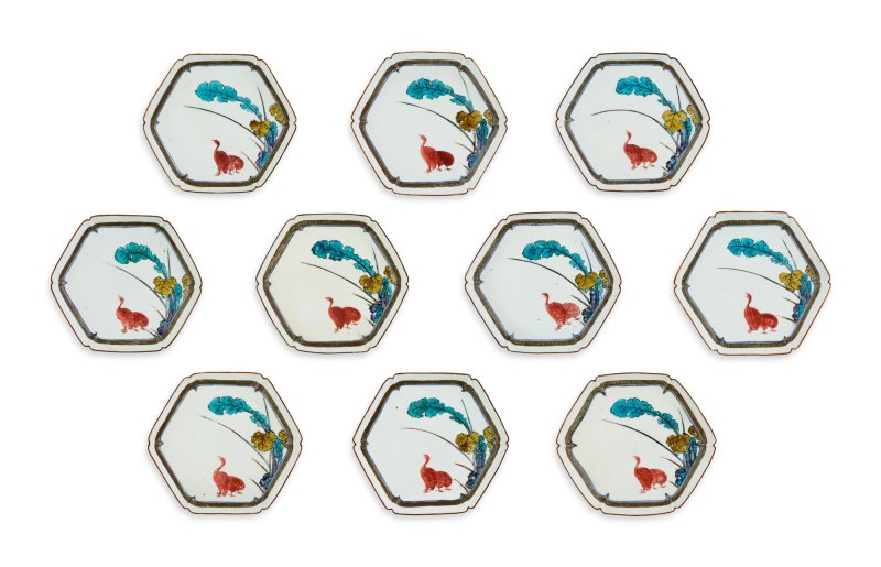 A set of ten porcelain dishes, Ko-Kutani type, Hizen, Edo period, mid-17th century | 色絵鶉図六角皿　十枚　肥前　古九谷様式　江戸時代前期　1640～50年代