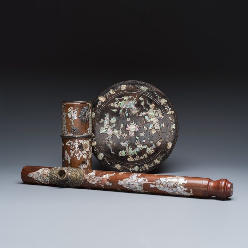 A Vietnamese mother-of-pearl-inlaid opium pipe, water pipe and covered box