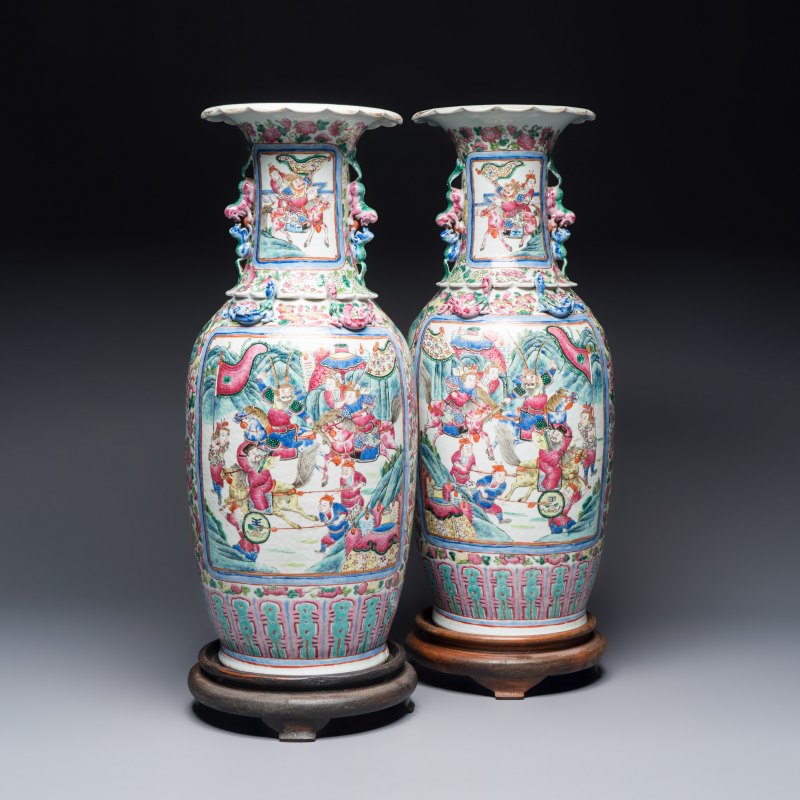 A pair of Chinese famille rose vases with narrative design