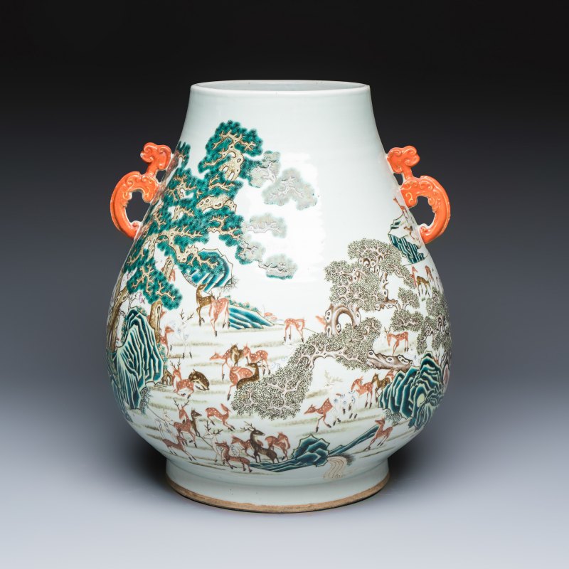 A large Chinese famille rose '100 deer' 'hu' vase