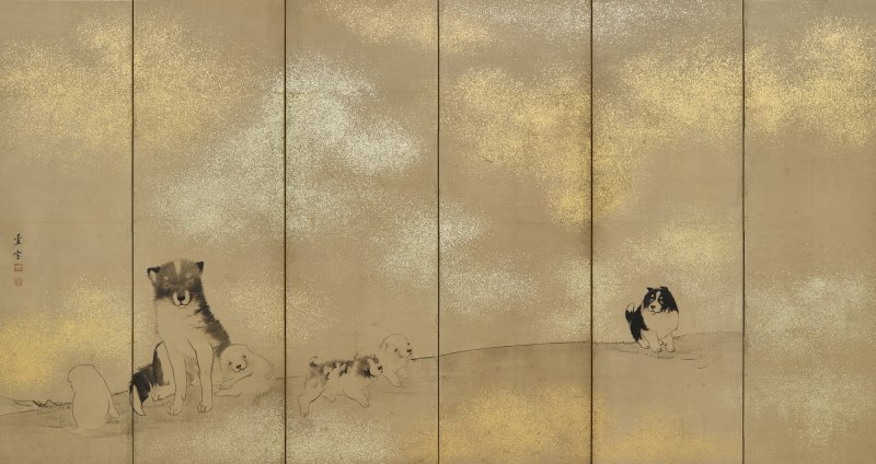 Nagasawa Rosetsu (1754-1799), Dogs and puppies, Edo period, late 18th century | 長沢蘆雪　群犬図屏風　江戸時代中期　18世紀後半