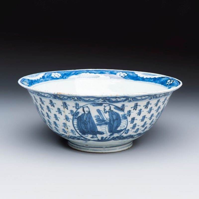 A Chinese blue and white 'Shoulao and Eight Immortals' bowl