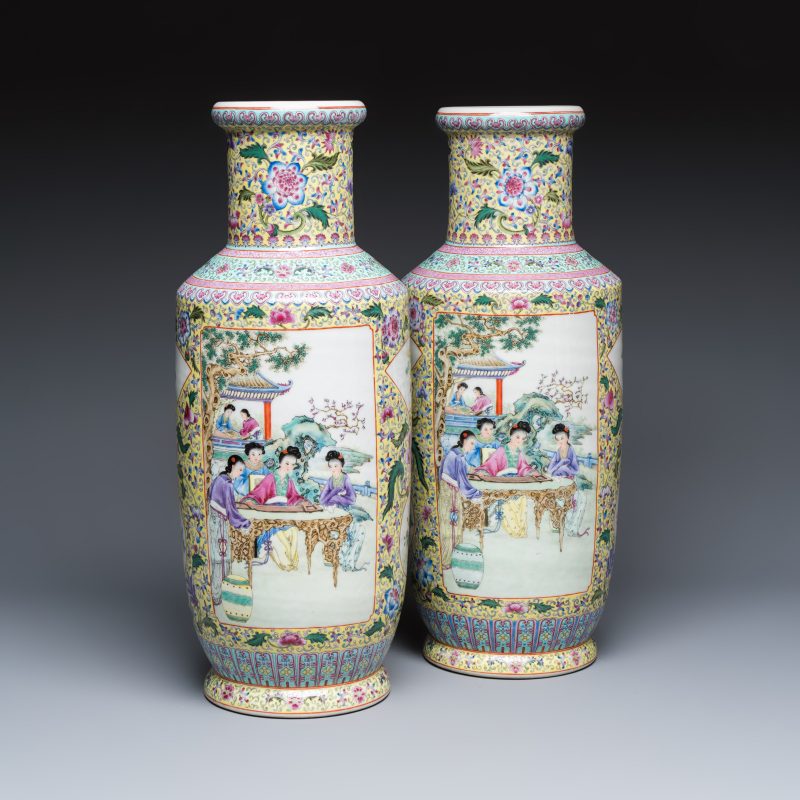 A pair of Chinese famille rose vases with figural design