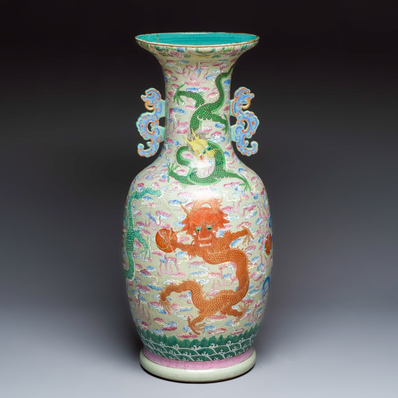 A large Chinese famille rose celadon-ground 'Dragon' vase