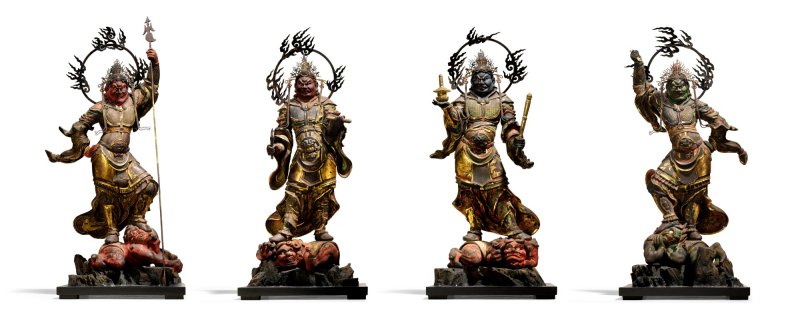 Four carved wood figures modelled as the The Four Heavenly Kings (Shitenno), Kamakura period, 13th century | 木造四天王立像　鎌倉時代前期　13世紀