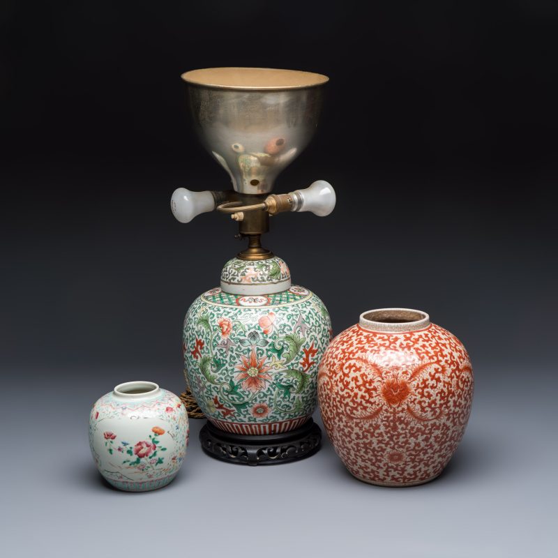 Three Chinese famille rose, verte and iron-red-decorated jars, one mounted as a lamp