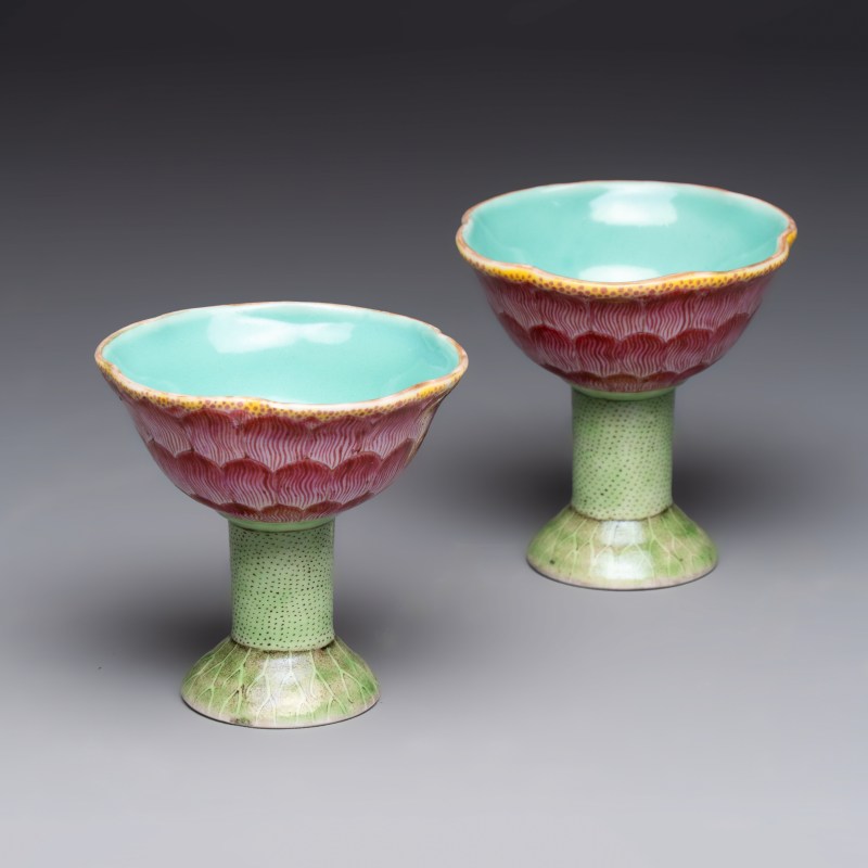 A pair of rare Chinese famille rose lotus-shaped stem cups