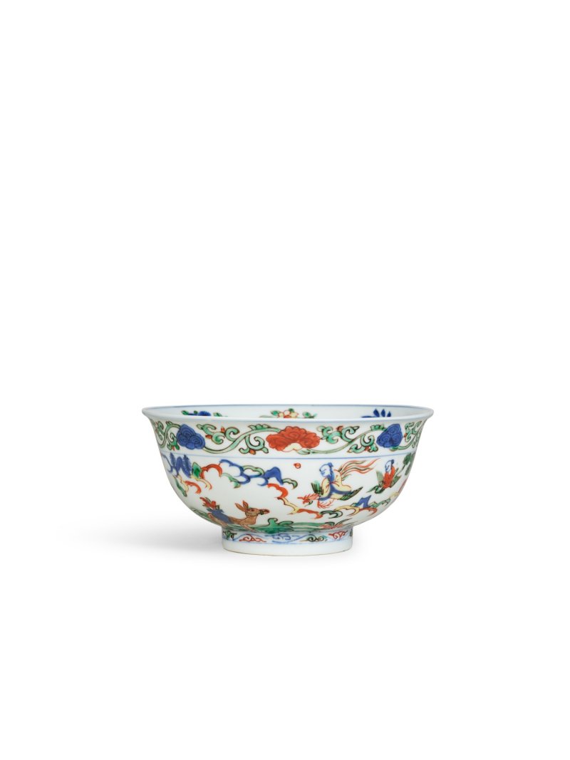 A fine wucai ‘immortals’ bowl, Mark and period of Wanli | 明萬曆　五彩仙人圖盌　《大明萬曆年製》款