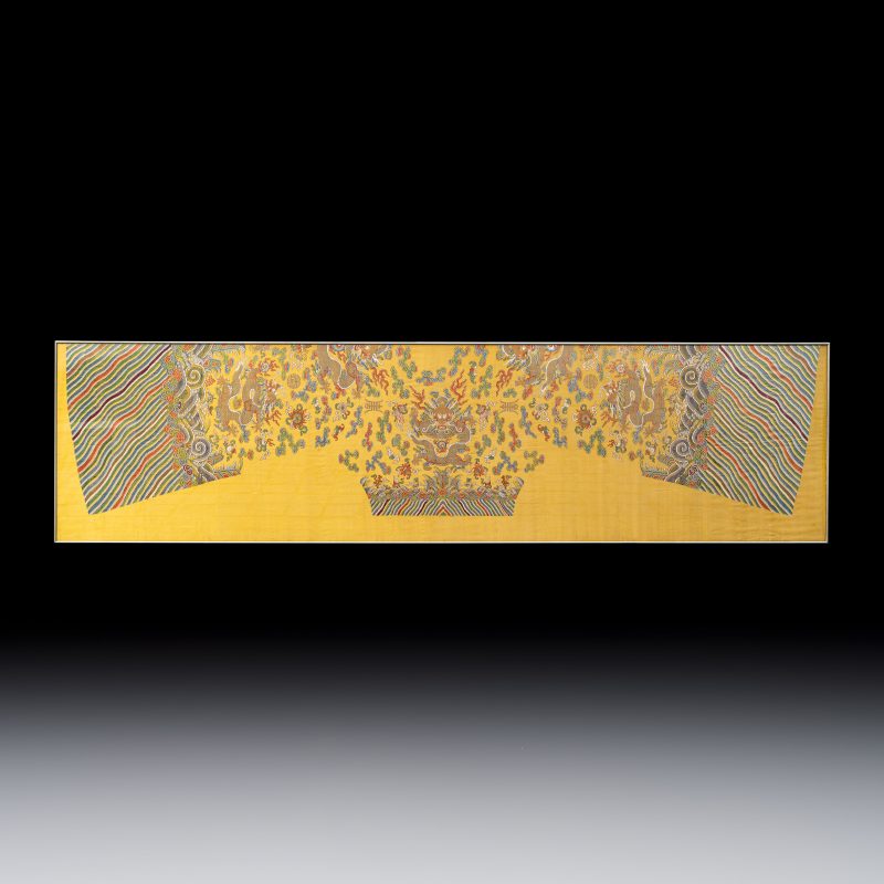 A fine and large Chinese yellow-ground silk kesi 'Dragons' uncut robe panel