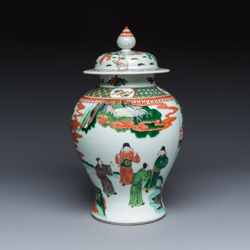 A Chinese famille verte 'Scholars and Court Ladies' baluster vase and cover