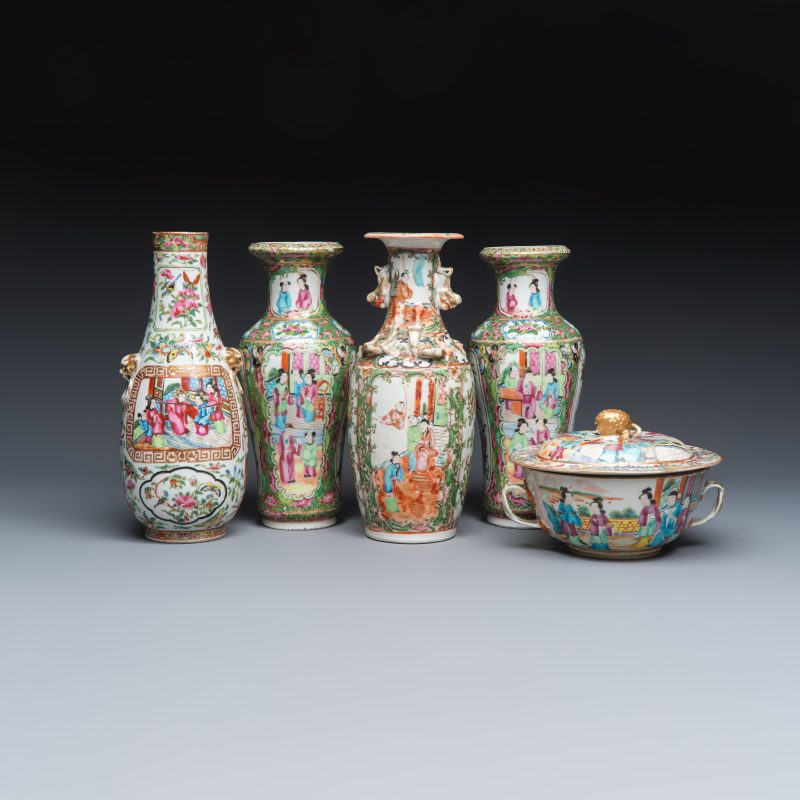 Four Chinese Canton famille rose vases and a covered bowl with figural design