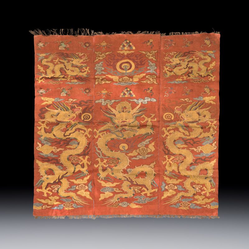 A Chinese coral-ground kesi 'Dragons' panel - 图2