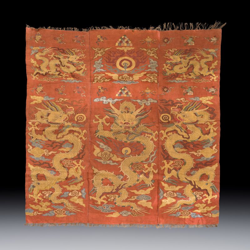 A Chinese coral-ground kesi 'Dragons' panel
