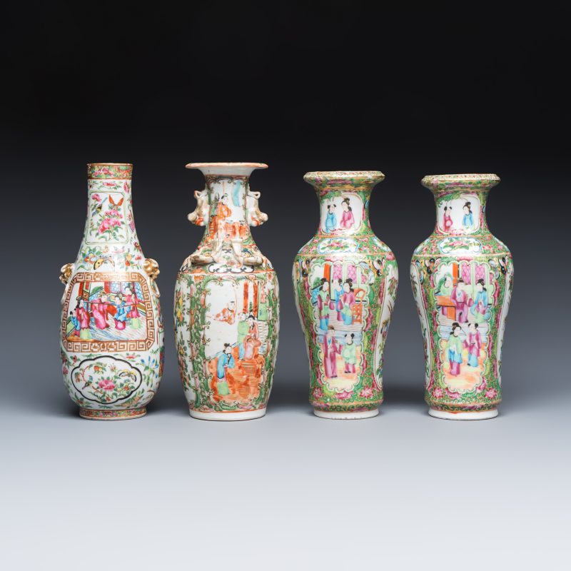 Four Chinese Canton famille rose vases and a covered bowl with figural design - 图2