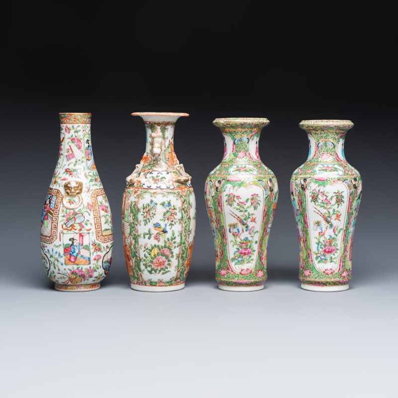 Four Chinese Canton famille rose vases and a covered bowl with figural design - 图3