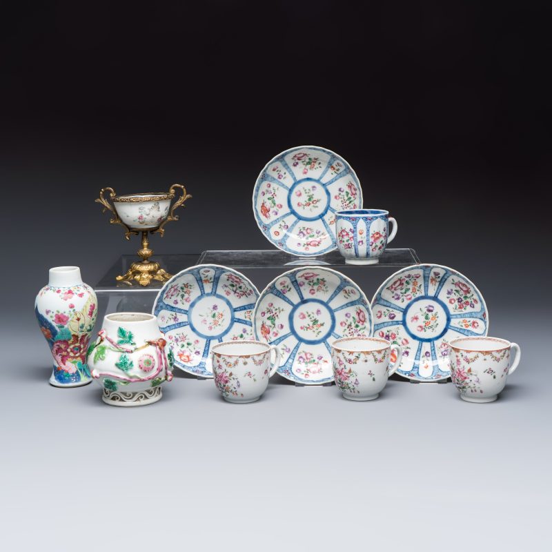 11 Chinese famille rose wares, one with gilt-bronze mounts