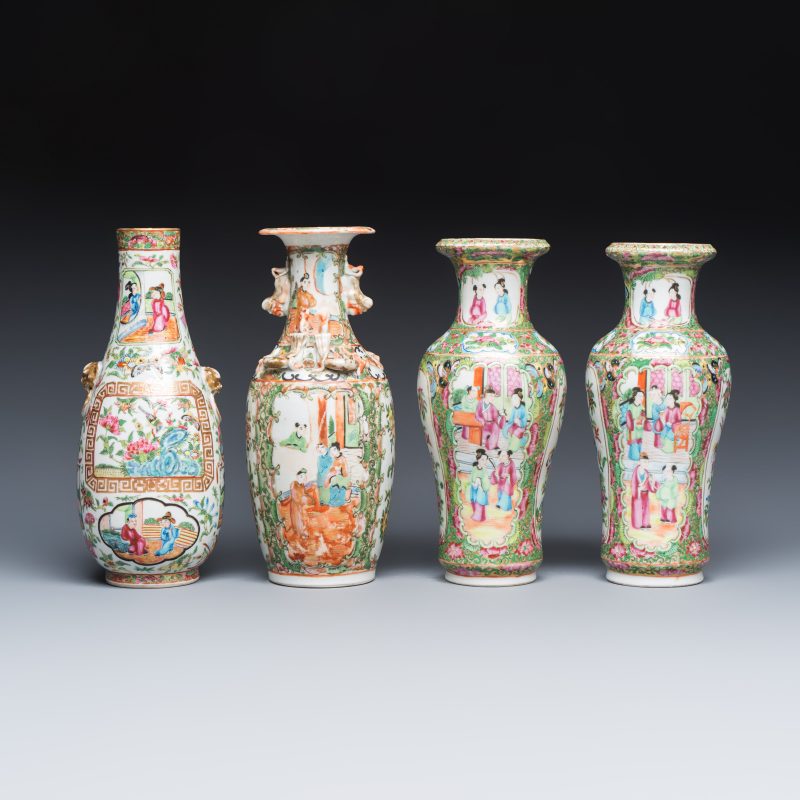 Four Chinese Canton famille rose vases and a covered bowl with figural design - 图4