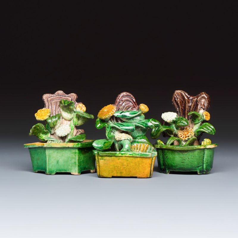 Three Chinese famille verte sancai biscuit 'Jardinière' incense stick holders