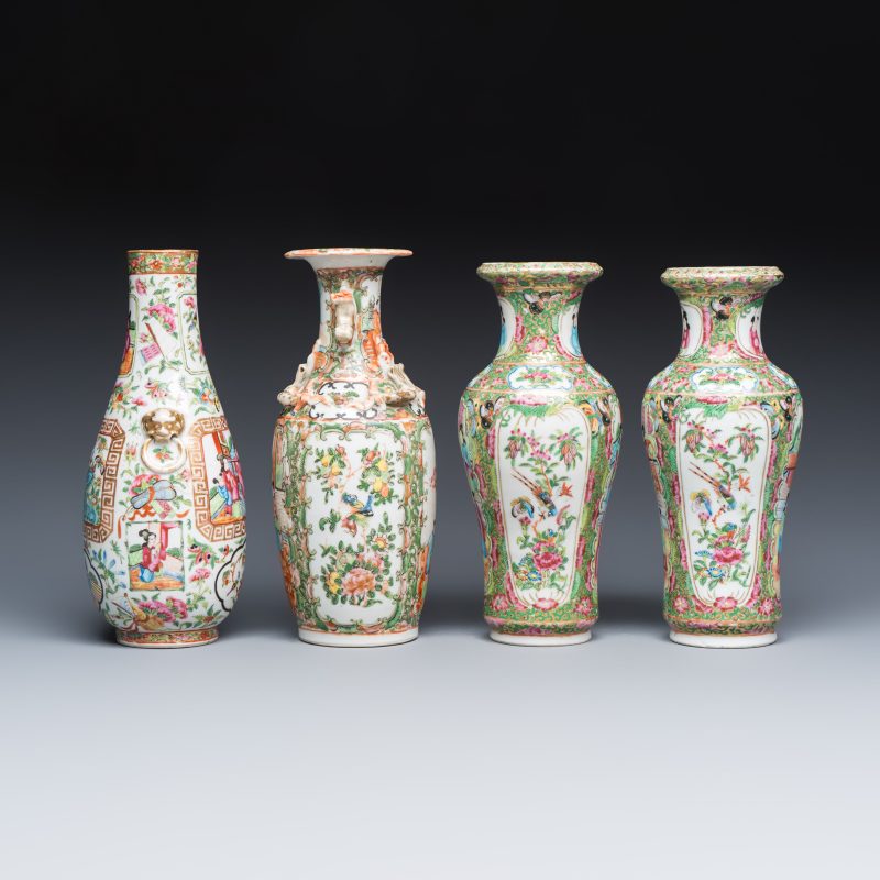 Four Chinese Canton famille rose vases and a covered bowl with figural design - 图5