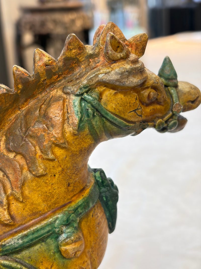 A pair of Chinese sancai-glazed stoneware 'Horseriders' roof tiles on later wooden stands - 图38