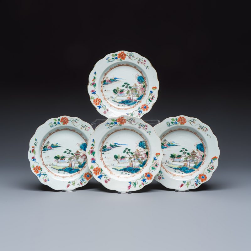 Four Chinese famille rose 'Riverscape' plates