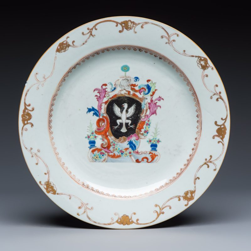 A Chinese famille rose armorial dish with the arms of Gourlay