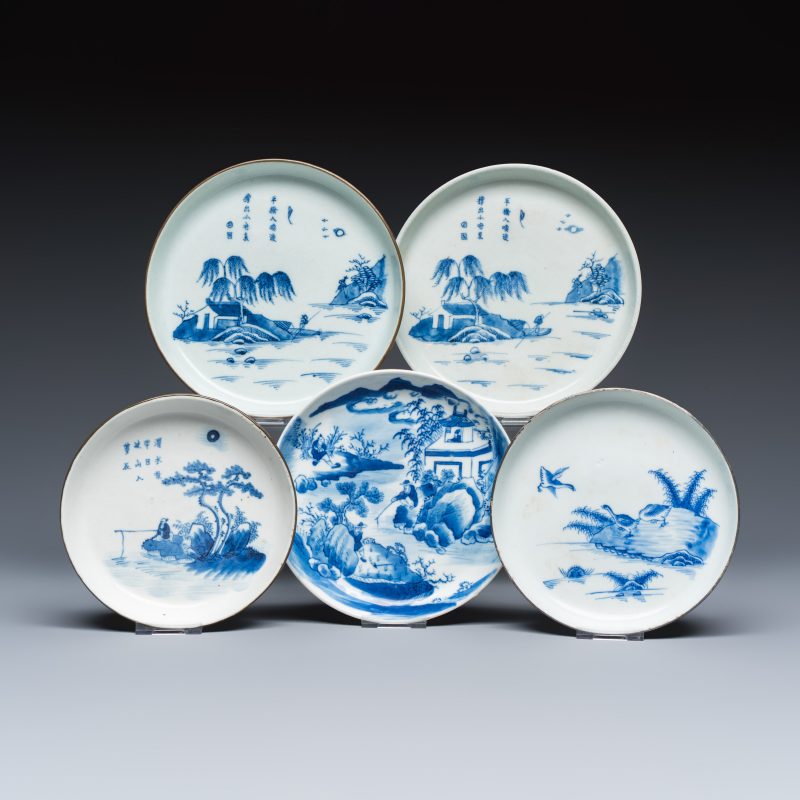 Five Chinese blue and white 'Bleu de Hue' 'Riverscape' plates