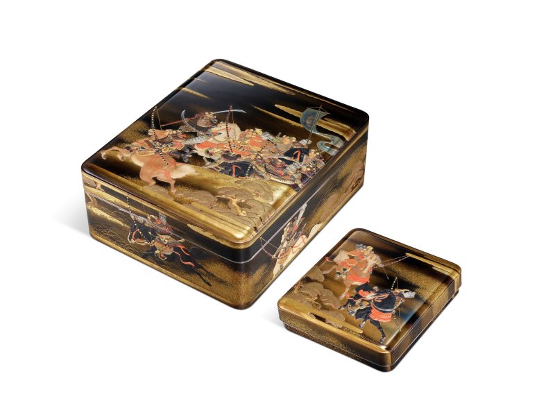 Nishimura Hikobei VIII (1887-1965) and Segawa Shoryu (active early 20th century), A Zohiko lacquer ryoshibako [document box] and suzuribako [writing box] ensuite, Meiji – Showa period, late 19th – early 20th century | 象彦（八代西村彦兵衛）瀬川嘯流　義家奥州征伐蒔絵料紙硯箱　明治～昭和時代　19世紀後半～20世紀前半