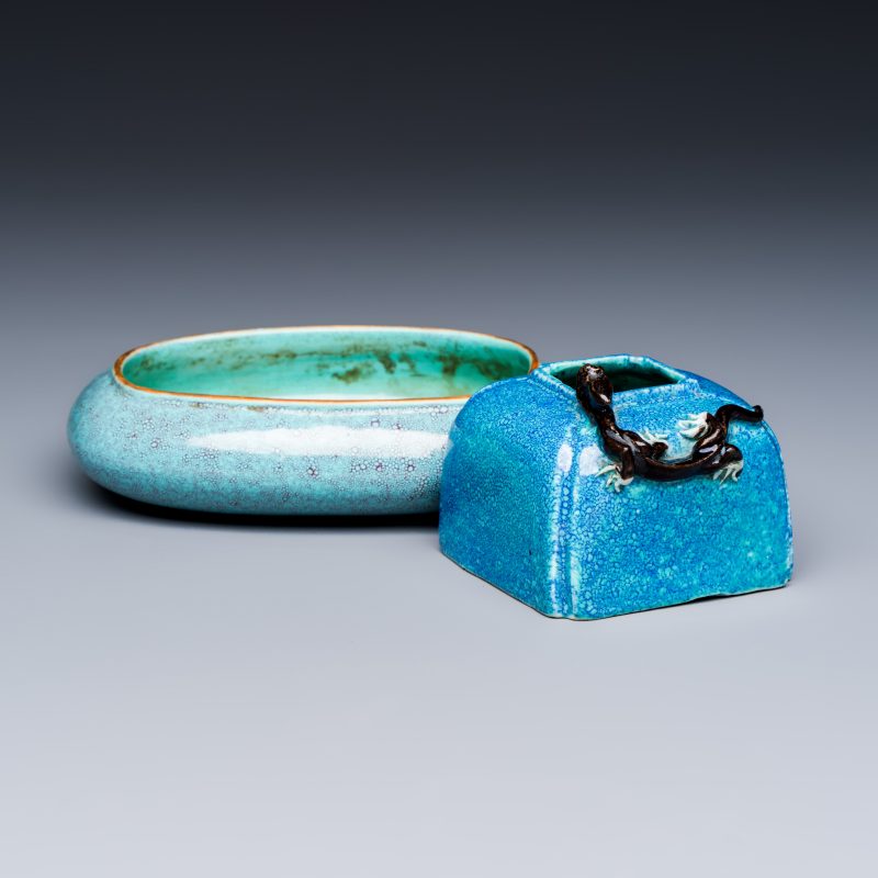 A Chinese robin’s egg-glazed 'Chilong' square brush pot and a brush washer - 图1