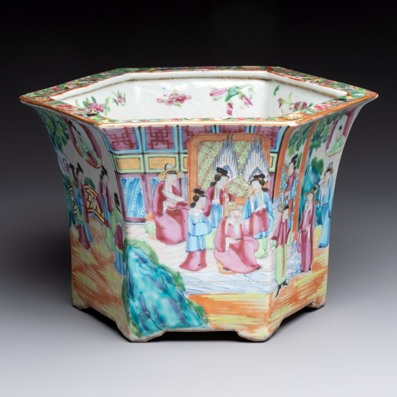 A Chinese Canton famille rose hexagonal planter and stand with narrative design - 图2