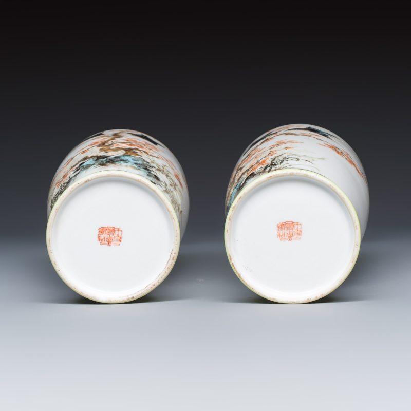 A pair of Chinese polychrome semi-eggshell 'birds among blossoming plum branches' vases - 图7