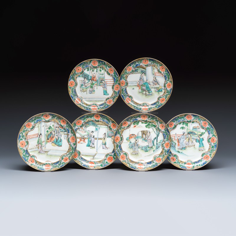A set of six Chinese Canton famille verte plates with narrative design