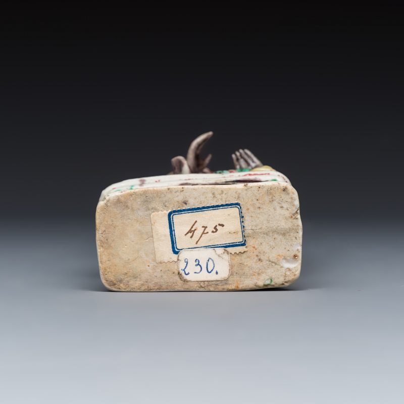 A Chinese famille verte sancai biscuit model of a seated Luohan on a tiger - 图7