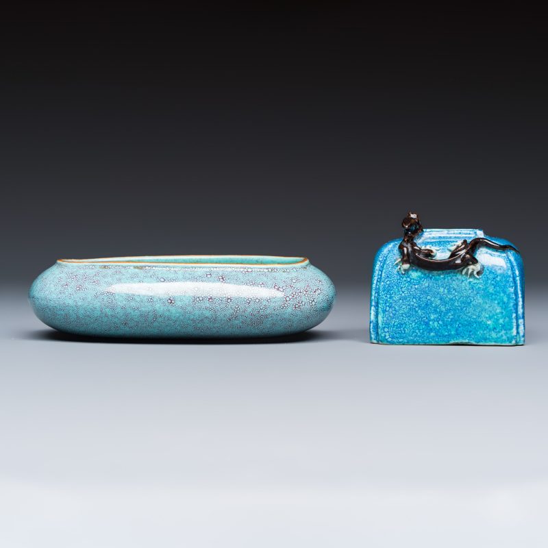 A Chinese robin’s egg-glazed 'Chilong' square brush pot and a brush washer - 图2