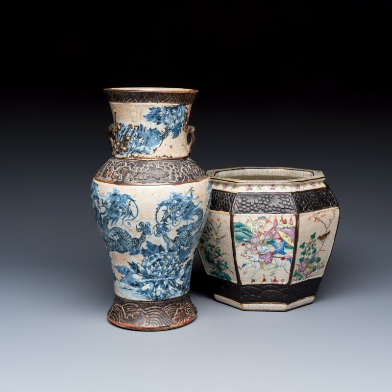 A Chinese Nanking blue and white vase and a famille rose jardinière
