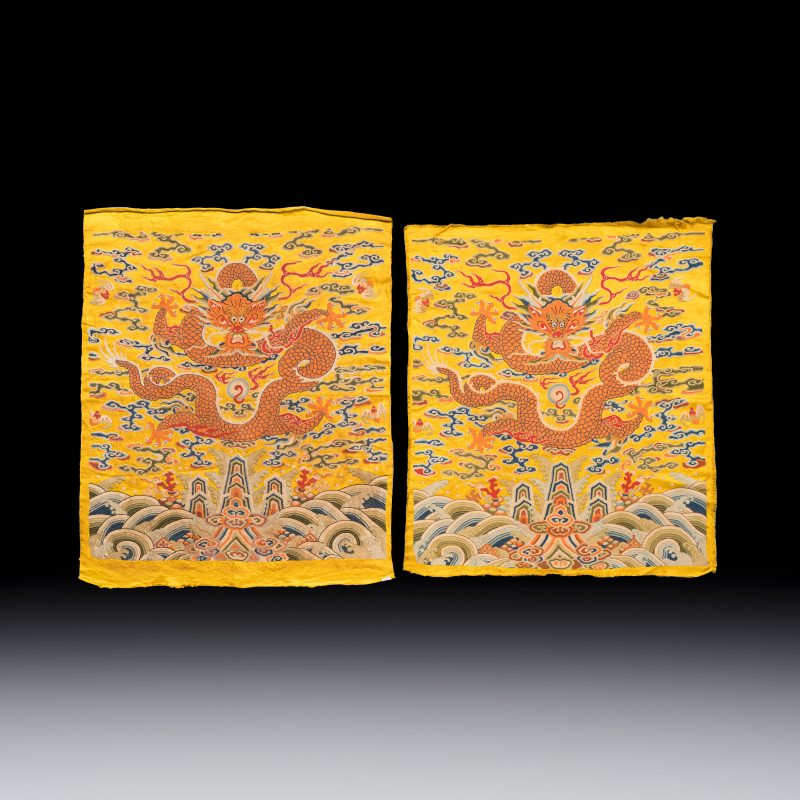 Two Chinese yellow-ground seed-stitch embroidered 'Dragon' panels