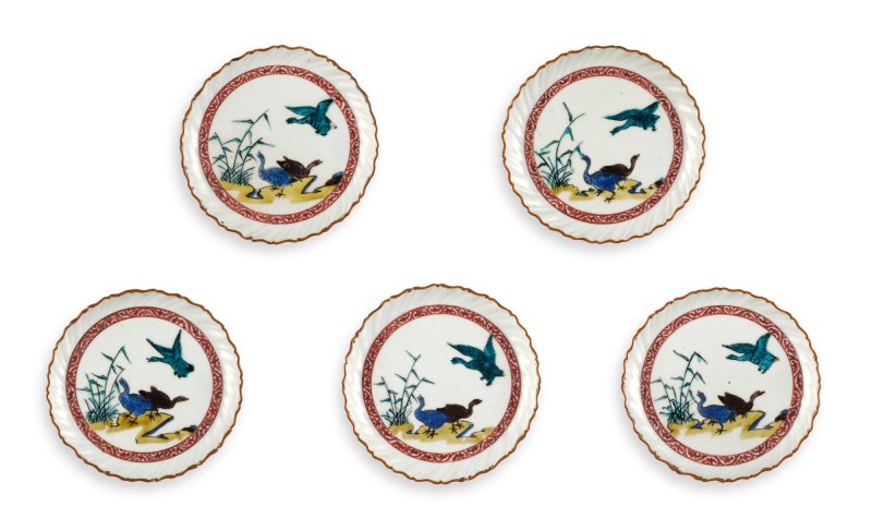 A set of five porcelain dishes, Fuku mark, Ko-Kutani type, Hizen, Edo period, circa 1650s | 色絵鴨文輪花皿　五枚　肥前　古九谷様式　江戸時代前期　1650年代