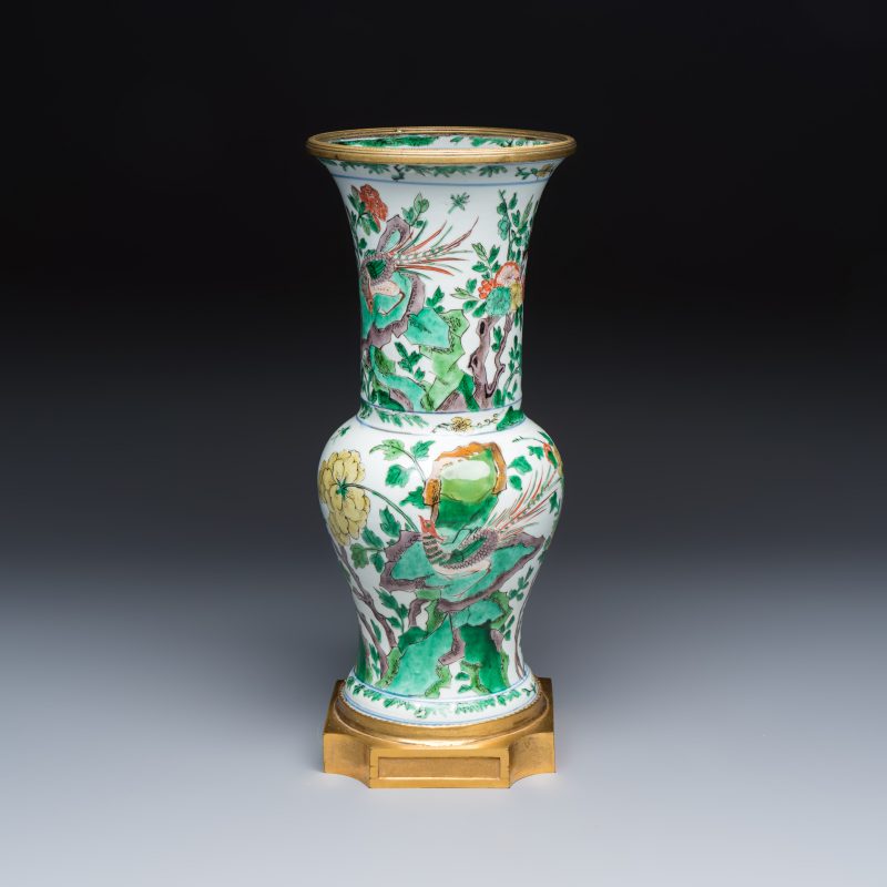 A Chinese famille verte gilt-bronze-mounted 'Yenyen' vase with pheasants