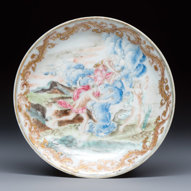 A fine Chinese famille rose mythological subject 'Arethusa, Alpheus and Diana' saucer