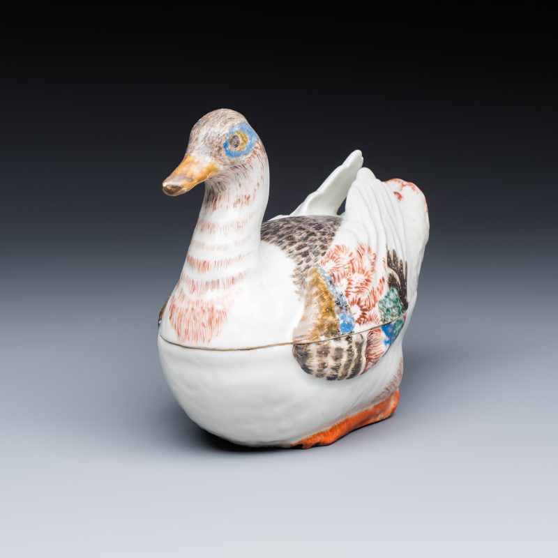 A Chinese famille rose duck-shaped tureen and cover