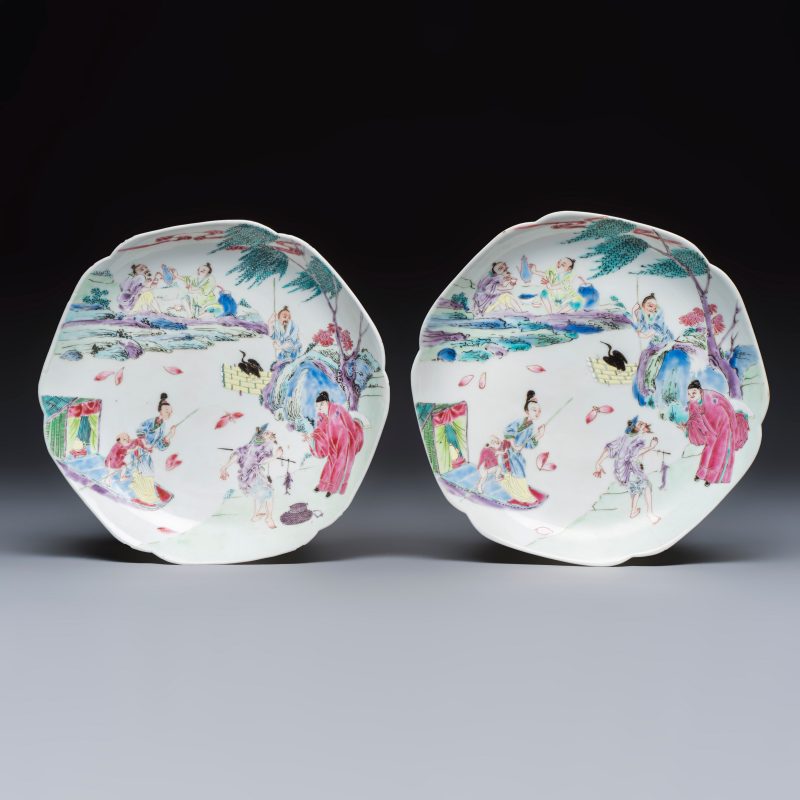 A pair of fine Chinese famille rose plates with figural design