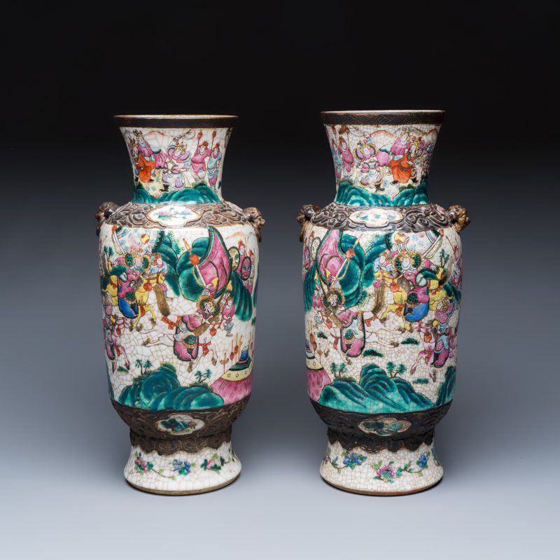 A pair of Chinese Nanking famille rose 'Warriors' vases