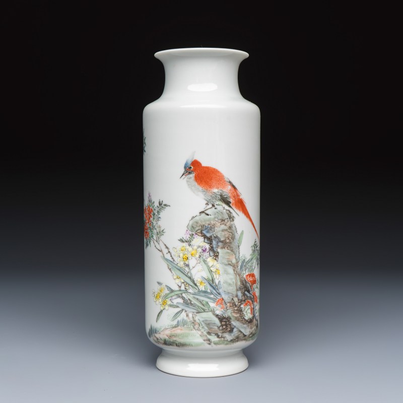 A Chinese famille rose 'Bird Among Flowers and Rockwork' rouleau vase