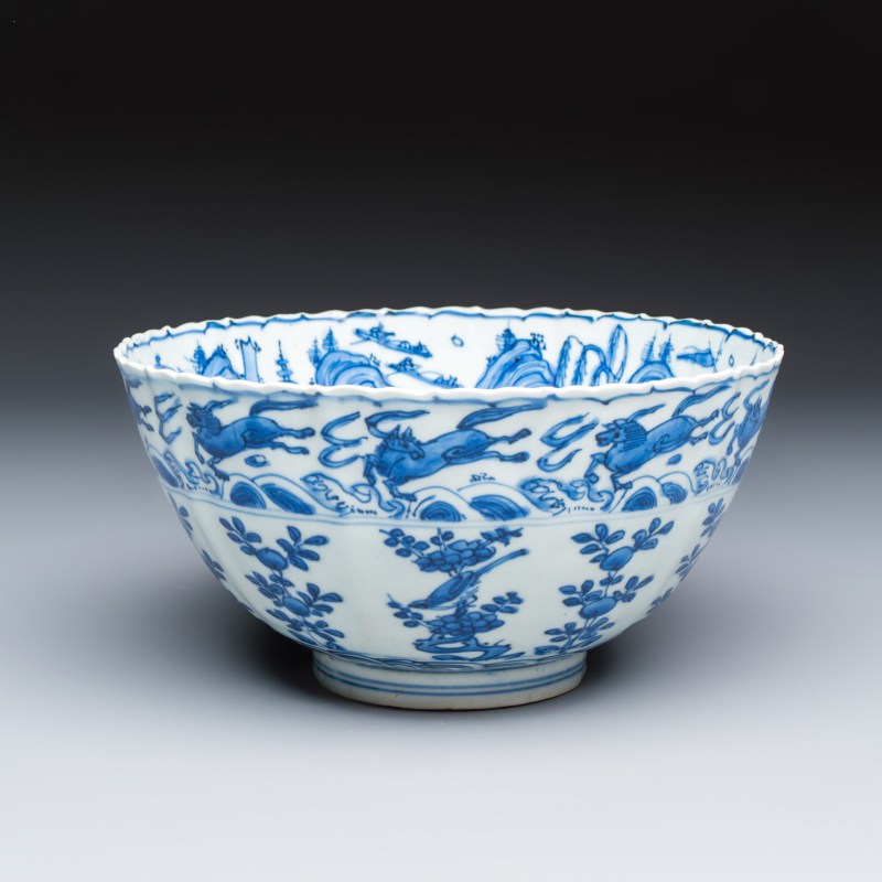 A Chinese blue and white 'Flying Horses and Landscapes' bowl